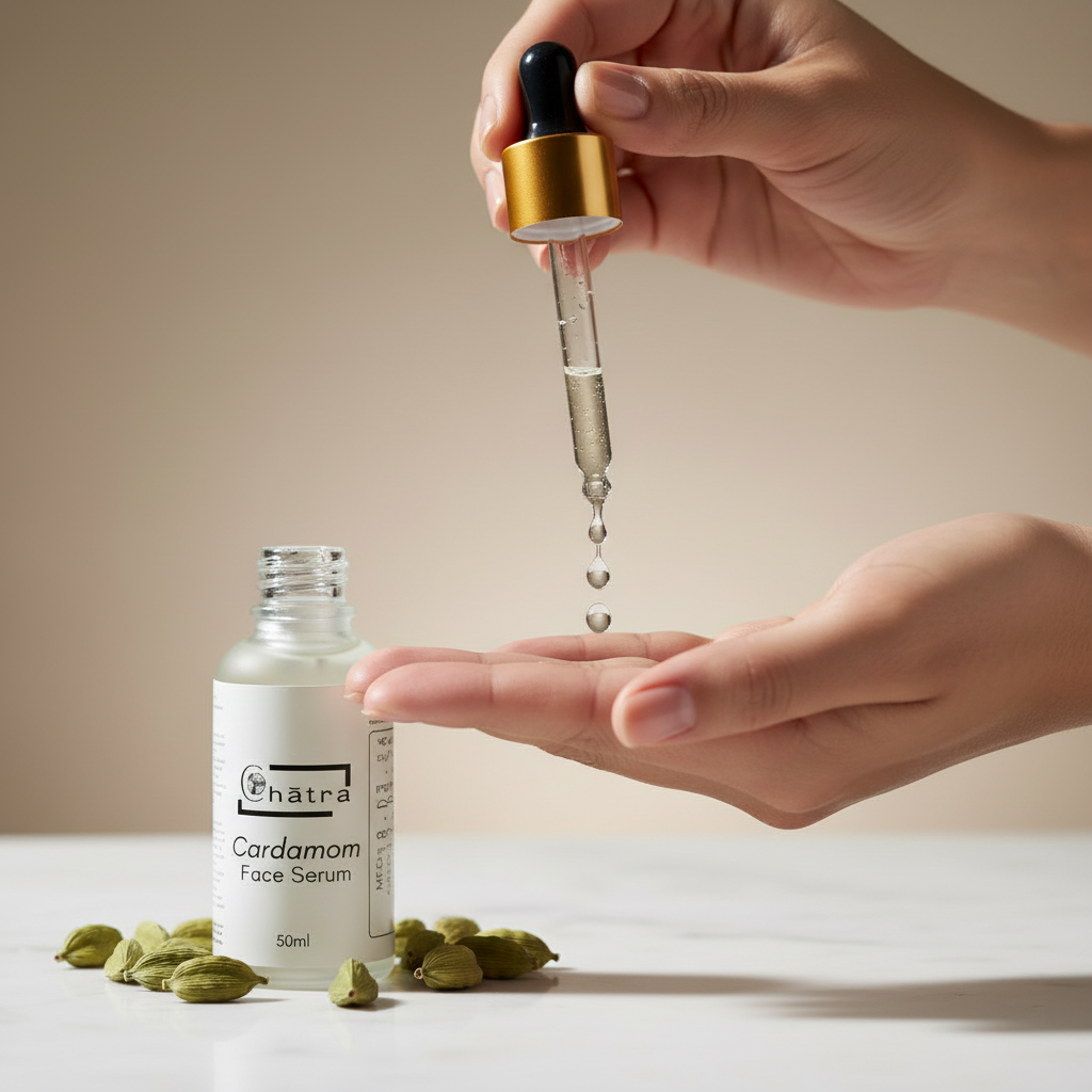 Woman applying Ceylon Organic House Cardamom Face Serum to her skin, showing lightweight texture and natural glow from Sri Lankan herbal ingredients.