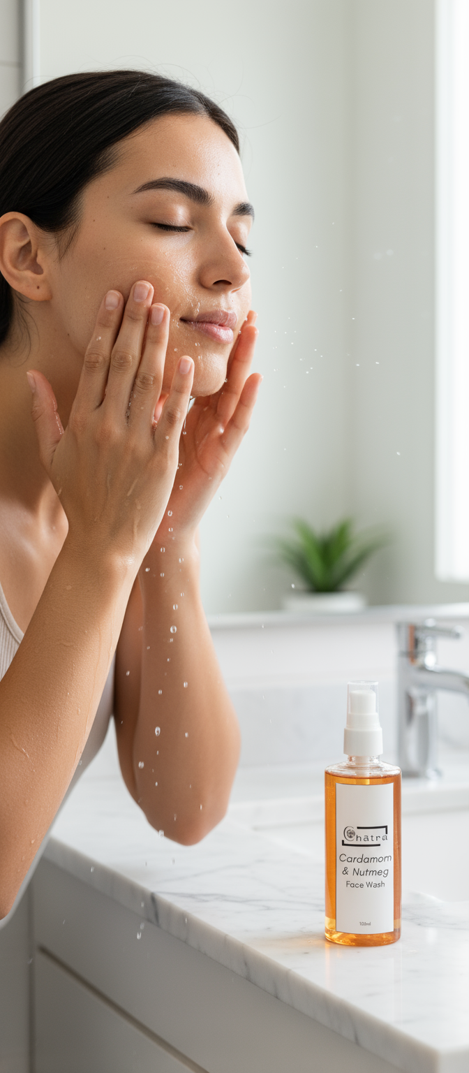 Woman washing her face with Ceylon Organic House Cardamom and utmeg face wash