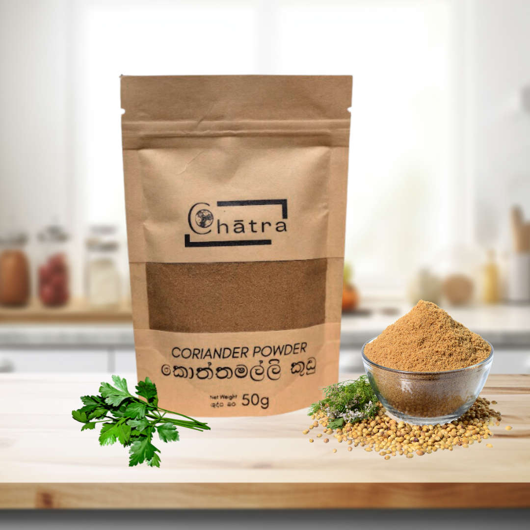 Ceylon Organic House Coriander Powder pack on a kitchen counter with coriander seeds, coriander powder and coriander leaves