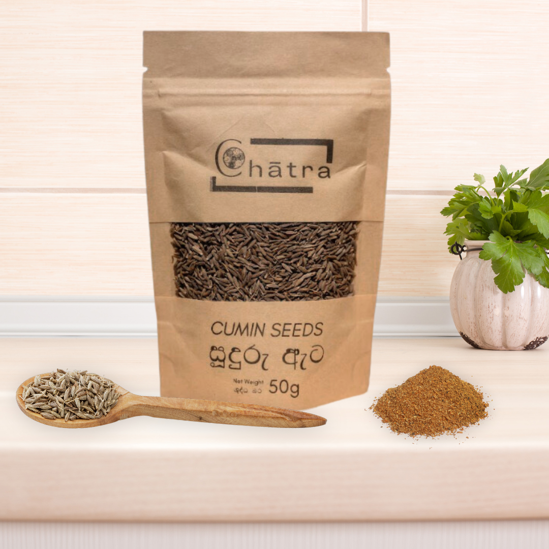 Ceylon Organic House Cumin Seeds pack on a kitchen counter with cumin seeds and cumin powder