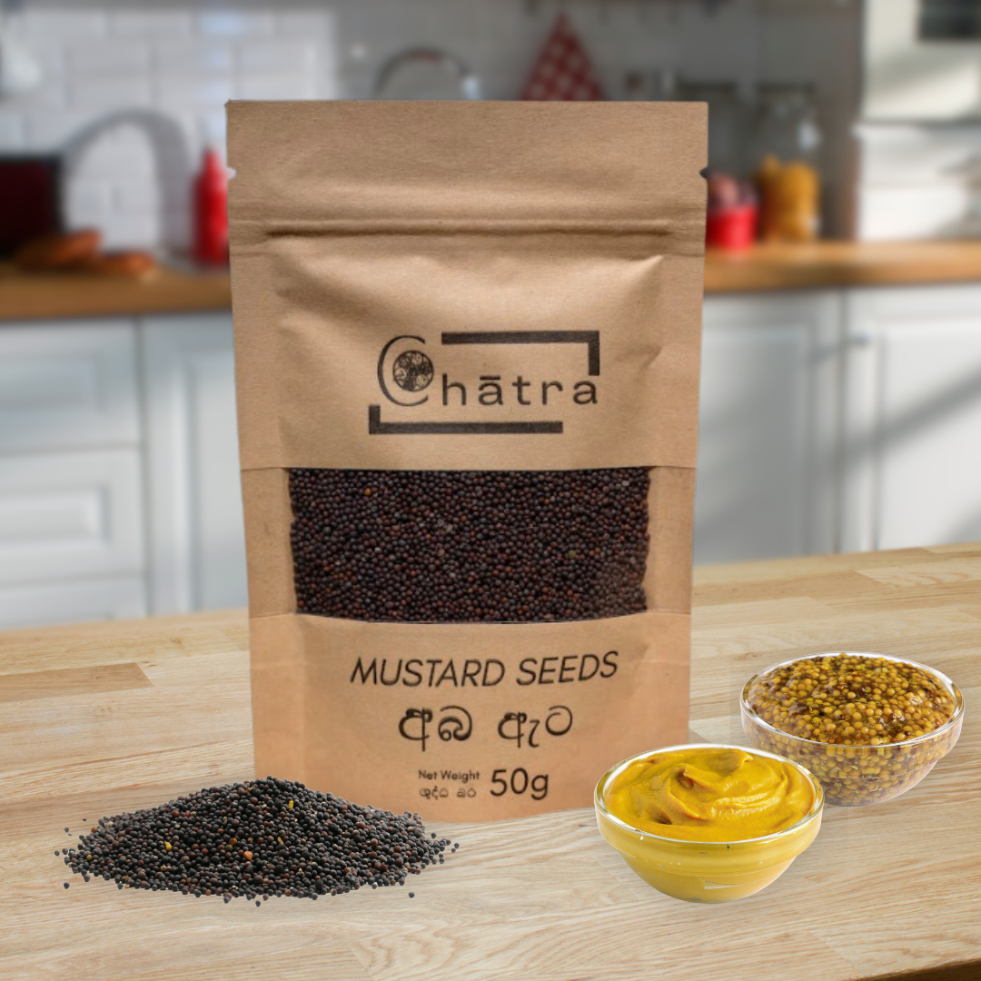 Ceylon Organic House Mustard Seeds pack on a kitchen table with mustard seeds