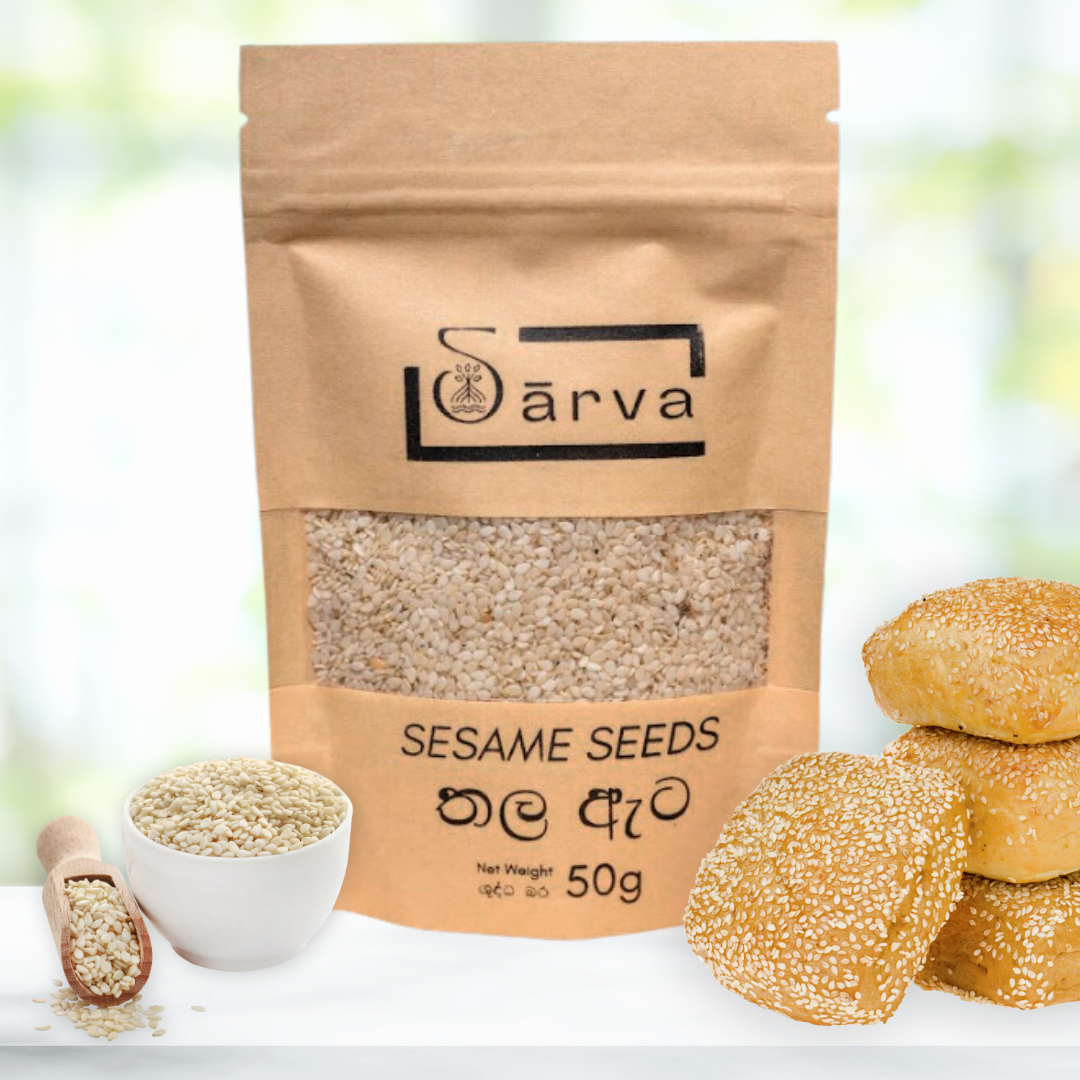 Ceylon Organic House White Sesame Seeds with sesame seeds and bread topped with sesame seeds