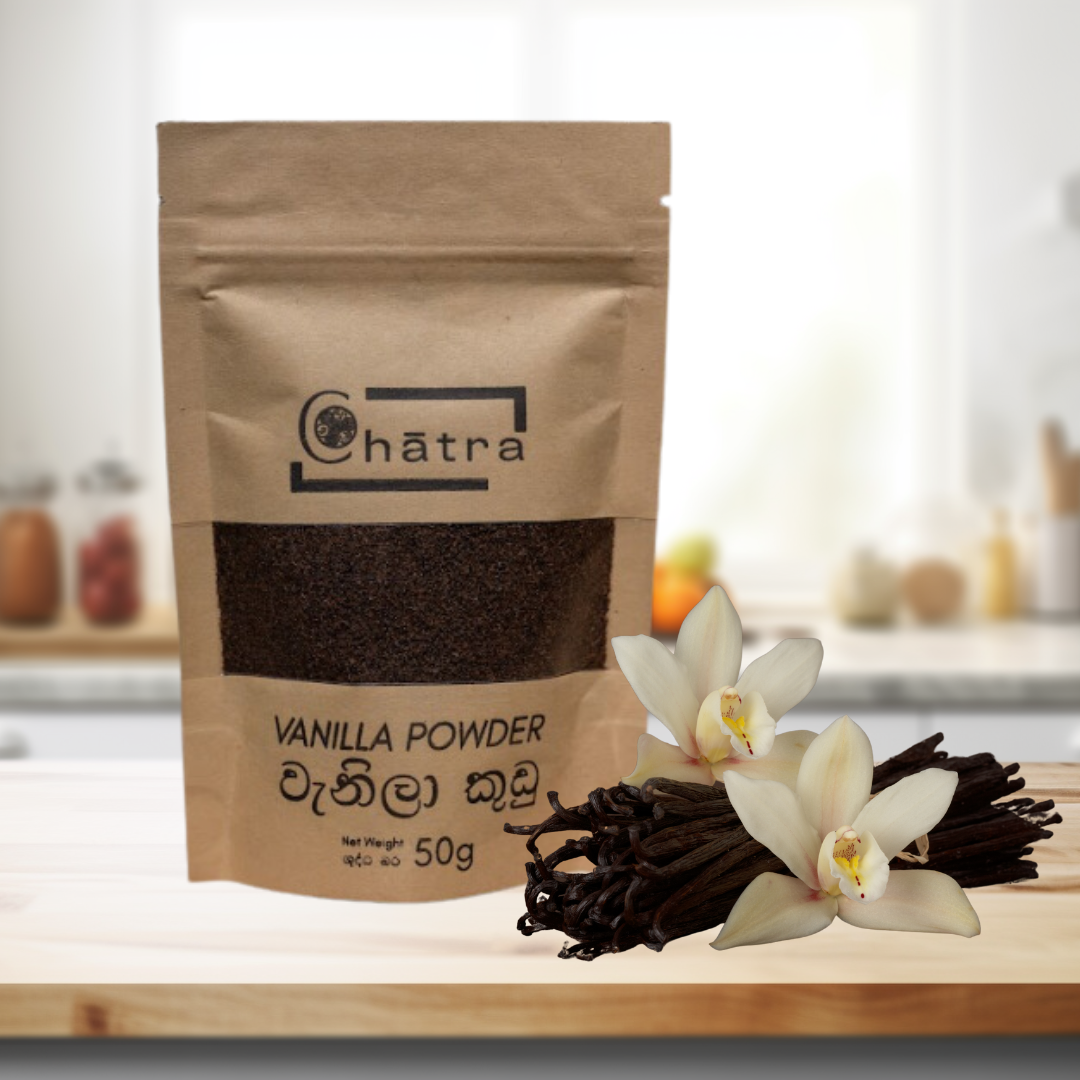 Ceylon Organic House Vanilla Powder pack on a kitchen counter with vanilla pods and flowers